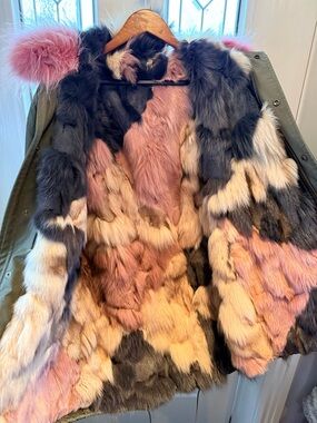 Olive Green Parka with Pink Fur Trim Hood